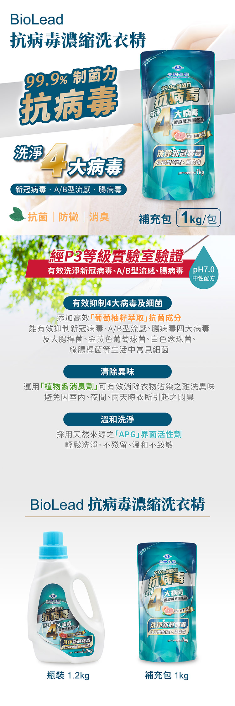 台塑生醫 抗病毒 濃縮 洗衣精 1kg 補充包 說明圖