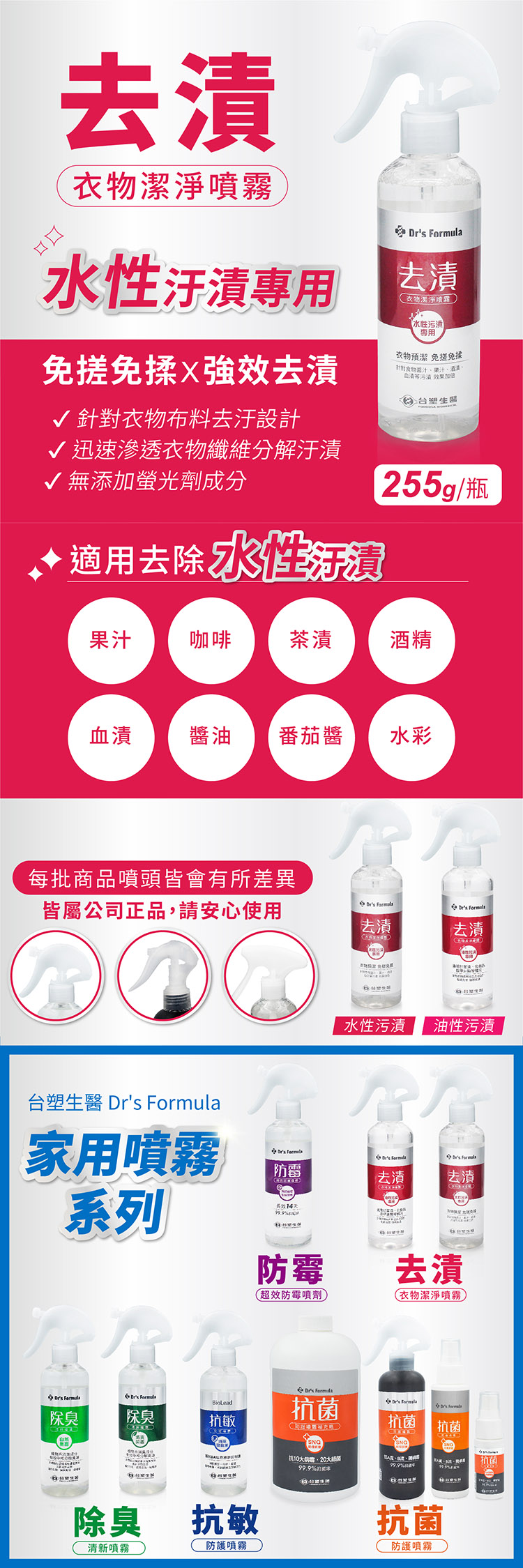 台塑生醫 衣物 去漬 潔淨噴霧 (水性汙漬專用) (255g) 說明圖