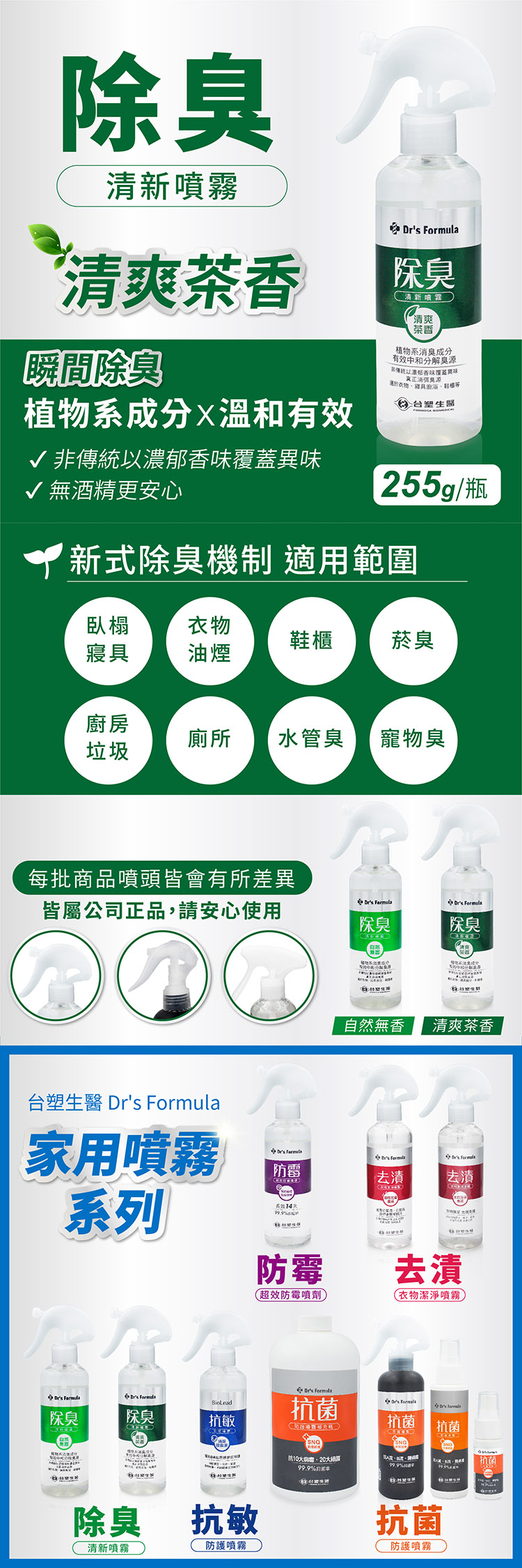 台塑生醫 除臭清新噴霧 (255g) (清爽茶香) 說明圖
