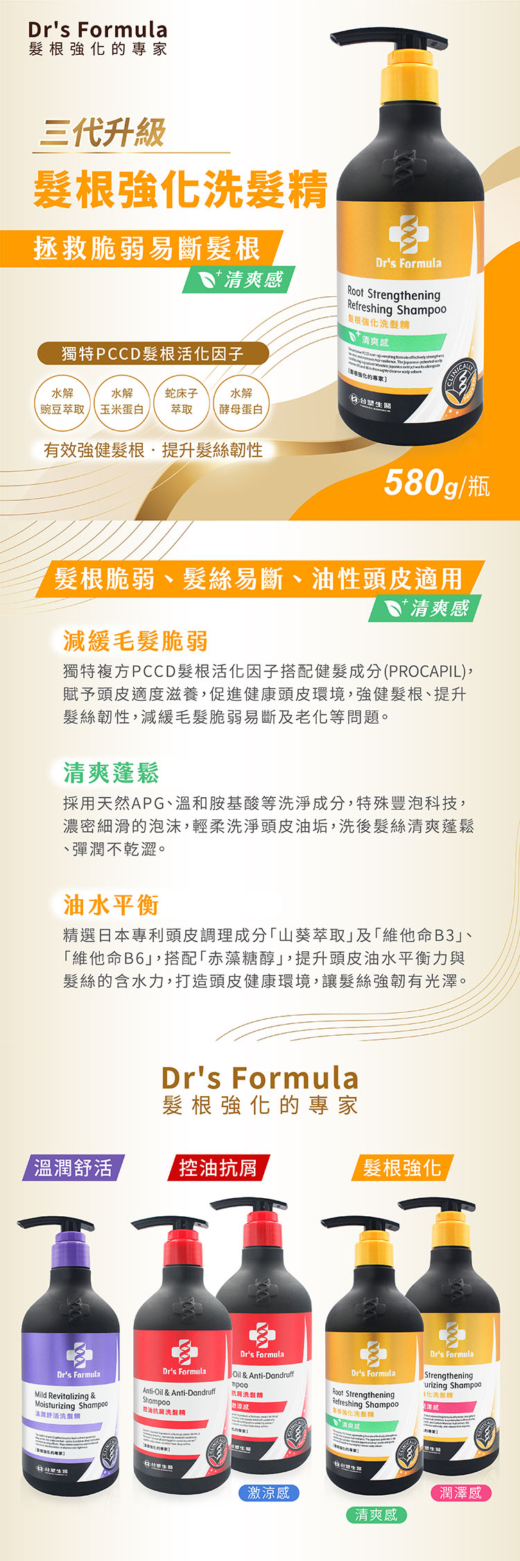 台塑生醫 髮根強化洗髮精 (清爽感) 三代 580g 說明圖