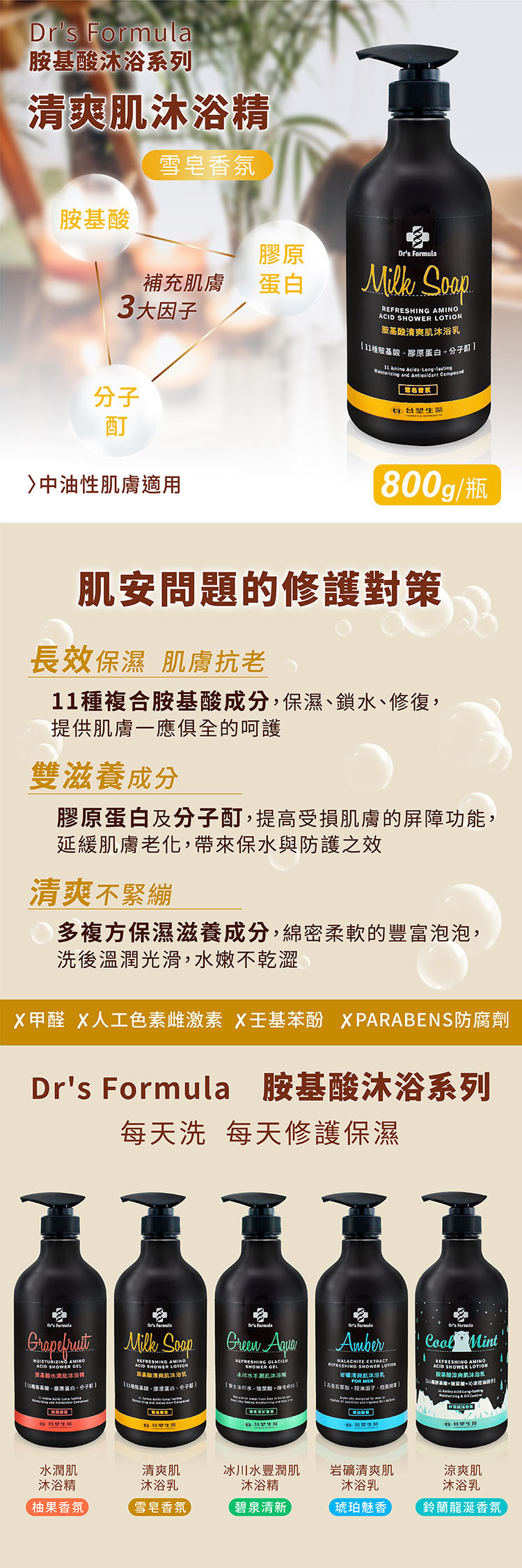 台塑生醫 胺基酸清爽肌沐浴乳 [雪皂香氛] (800g) 說明圖