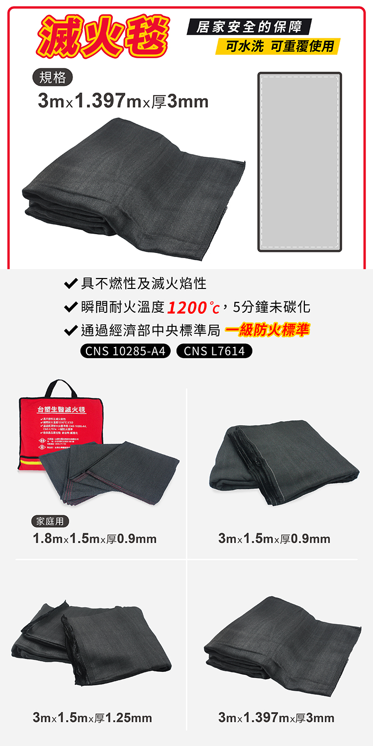 台塑生醫 防火毯 滅火毯 (3M * 1.397M * 3mm厚) 說明圖