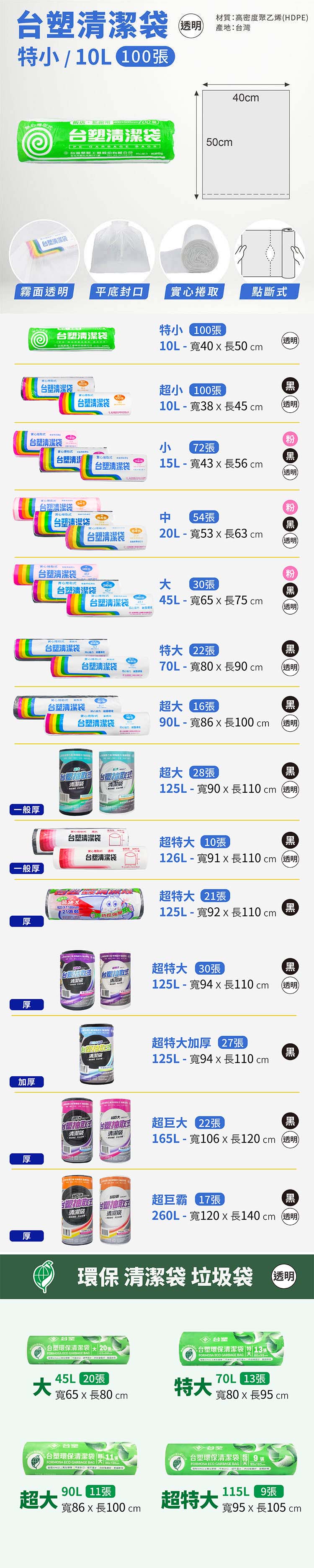 台塑 實心 清潔袋 垃圾袋 (特小) (透明) (10L) (40*50cm) 說明圖