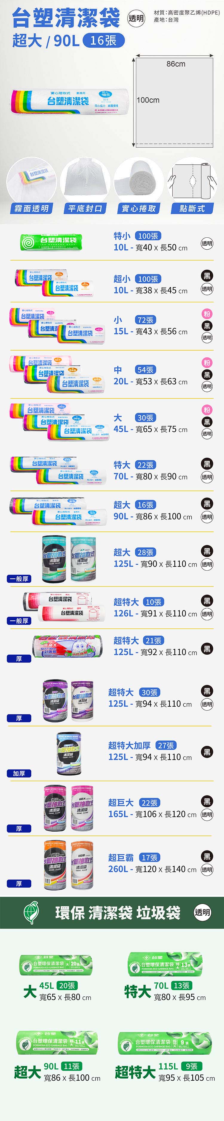 台塑 實心 清潔袋 垃圾袋 (超大) (透明) (90L) (86*100cm) 說明圖