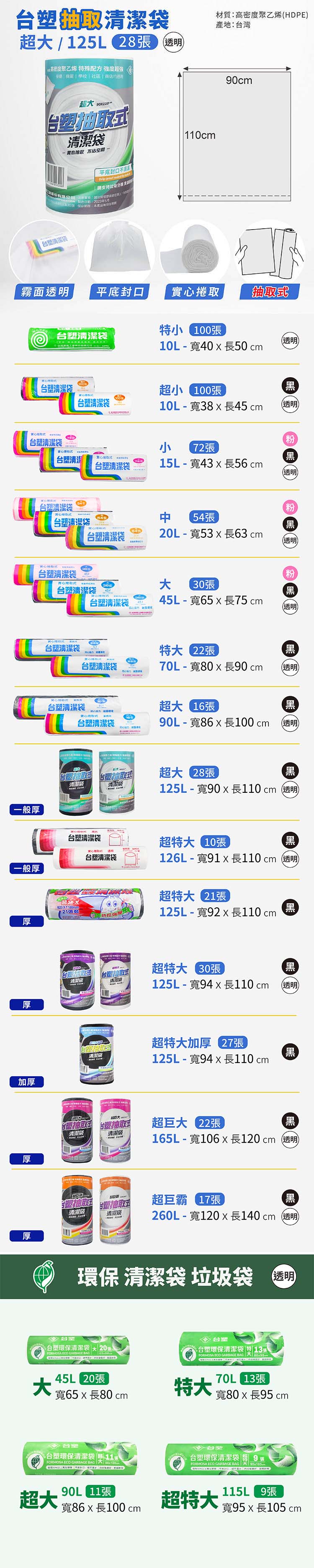 台塑 實心 清潔袋 垃圾袋 (超大) (透明) (125L) (90*110cm) 說明圖