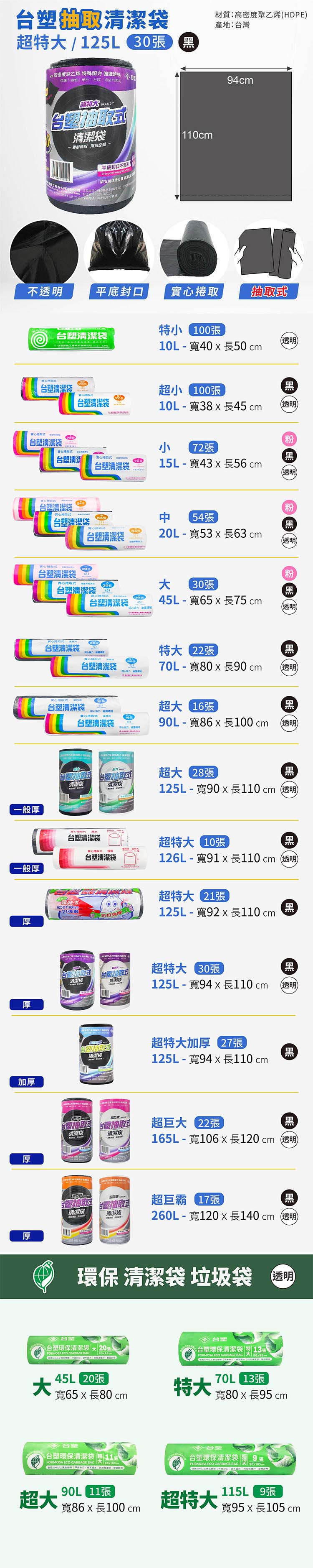 台塑 實心 清潔袋 垃圾袋 (超特大) (黑色) (125L) (94*110cm) 說明圖