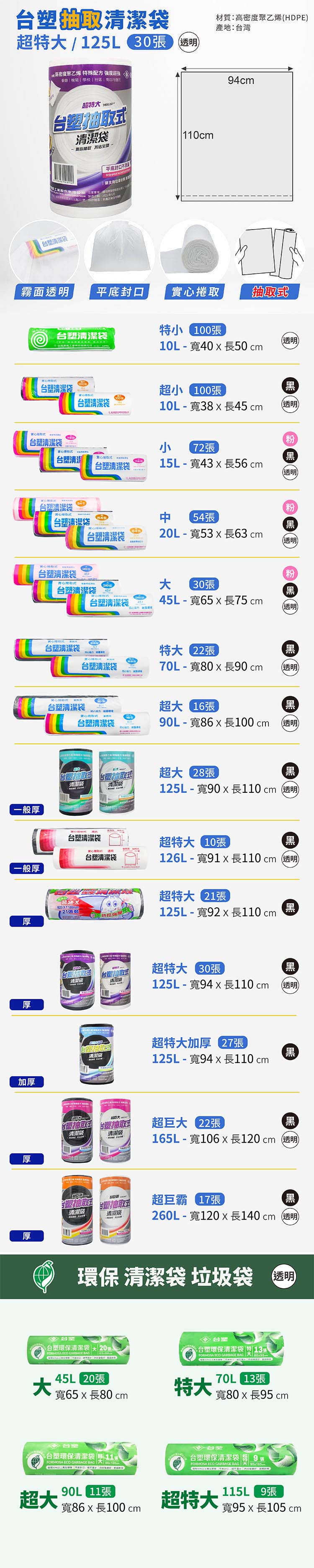 台塑 實心 清潔袋 垃圾袋 (超特大) (透明) (125L) (94*110cm) 說明圖