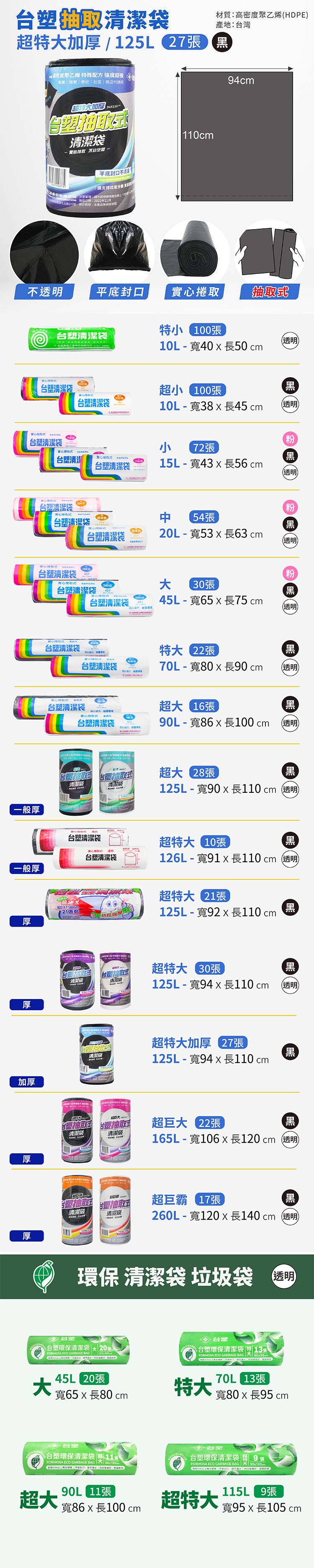 台塑 實心 清潔袋 垃圾袋 (超特大) (黑色) (加厚) (125L) (94*110cm) 說明圖