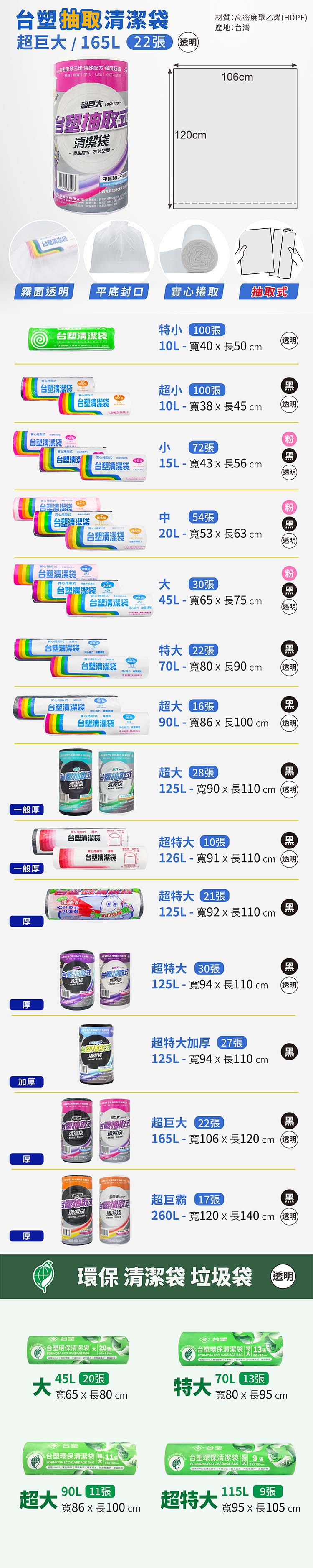 台塑 實心 清潔袋 垃圾袋 (超巨大) (透明) (165L) (106*120cm) 說明圖