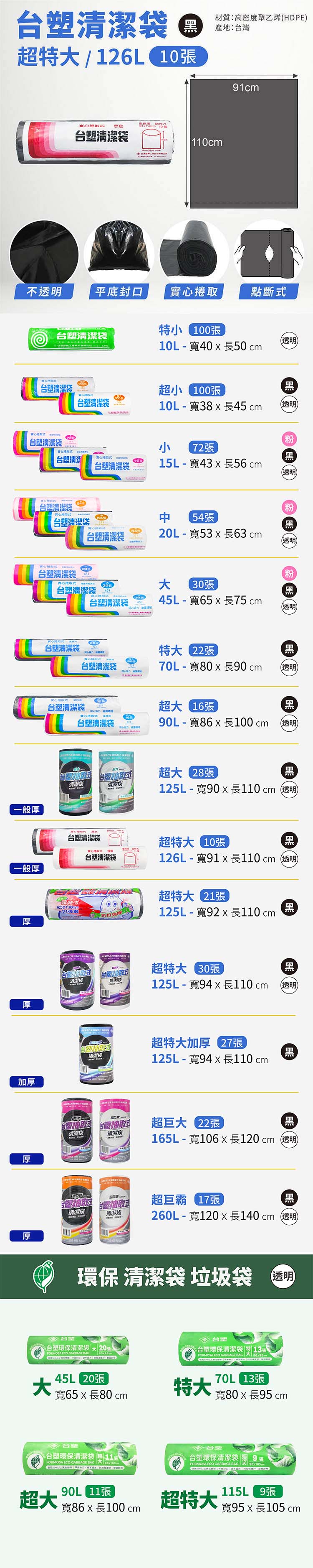 台塑 實心 清潔袋 垃圾袋 (超特大) (黑色) (126L) (91*110cm) 說明圖