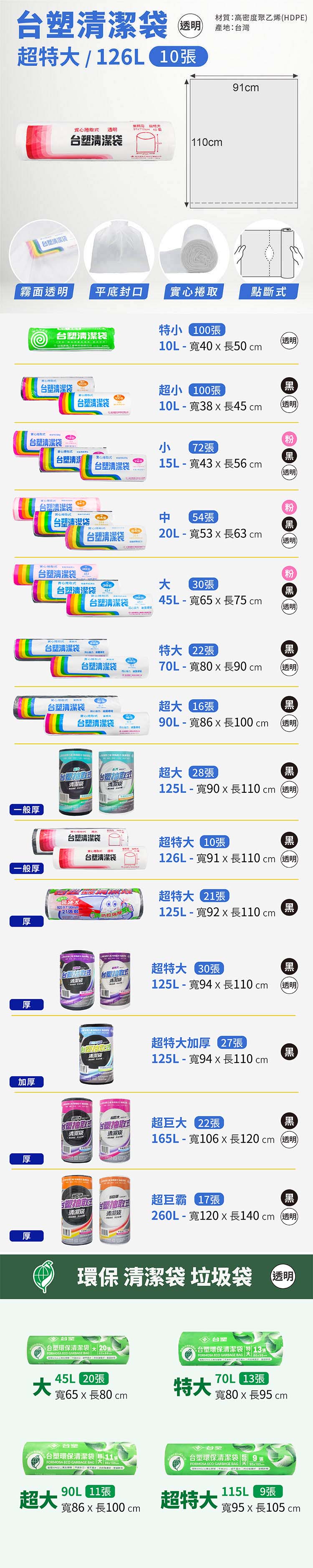 台塑 實心 清潔袋 垃圾袋 (超特大) (透明) (126L) (91*110cm) 說明圖