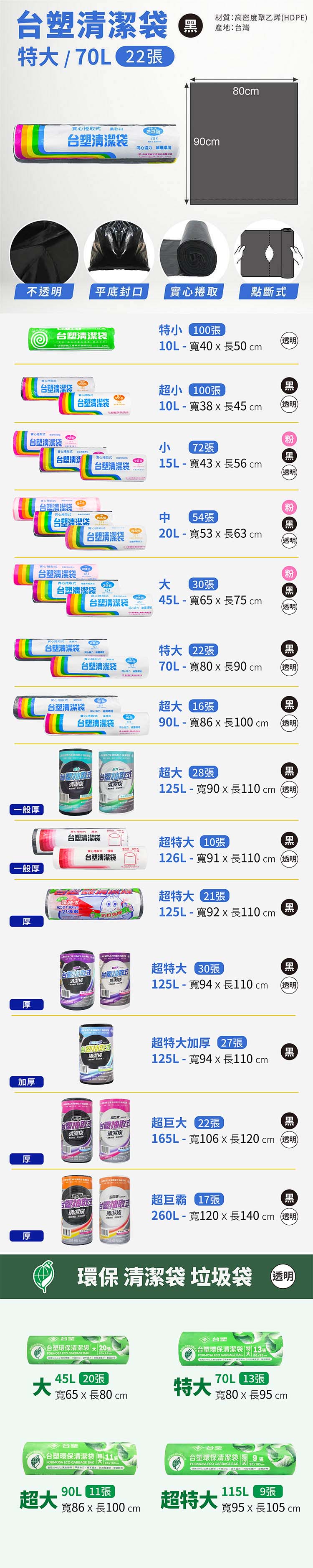 台塑 實心 清潔袋 垃圾袋 (特大) (黑色) (70L) (80*90cm) 說明圖