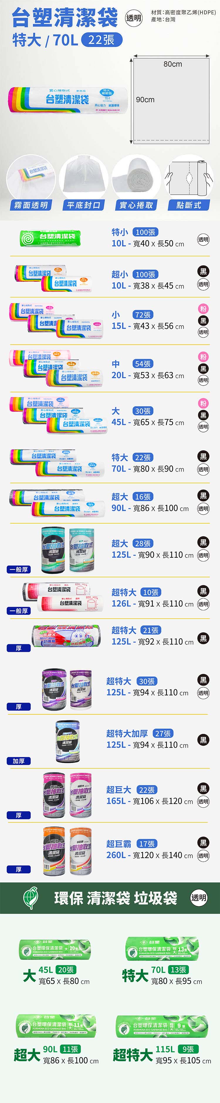 台塑 實心 清潔袋 垃圾袋 (特大) (透明) (70L) (80*90cm) 說明圖
