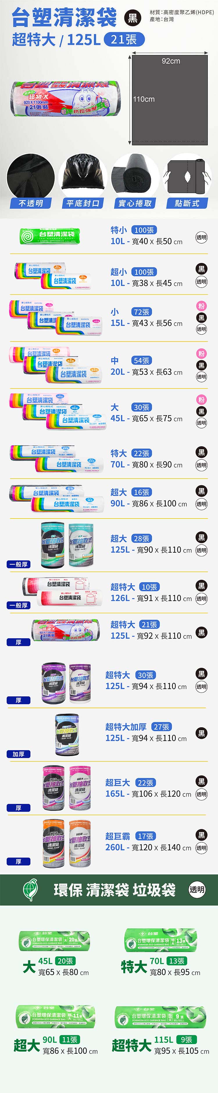 台塑 實心 清潔袋 垃圾袋 (超特大) (黑色) (125L) (92*110cm) 說明圖