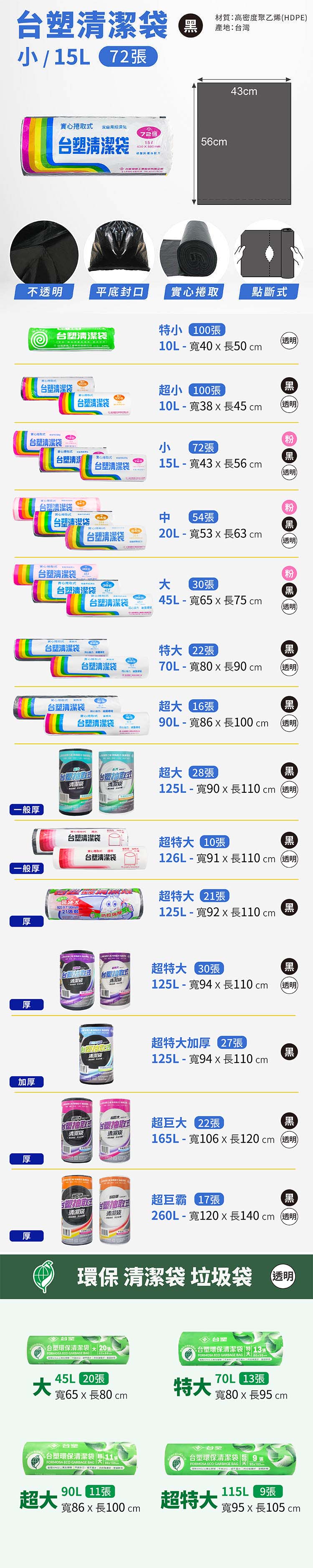 台塑 實心 清潔袋 垃圾袋 (小) (黑色) (15L) (43*56cm) 說明圖