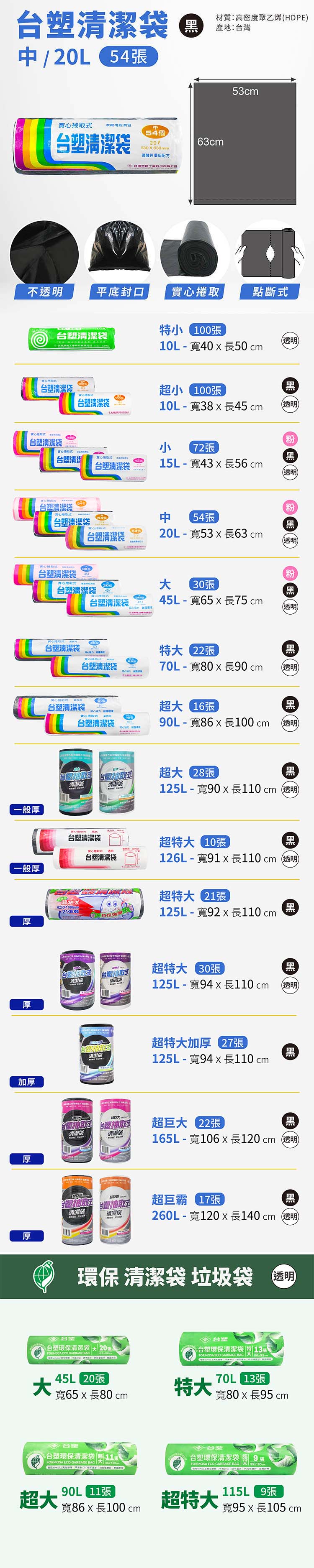 台塑 實心 清潔袋 垃圾袋 (中) (黑色) (20L) (53*63cm) 說明圖
