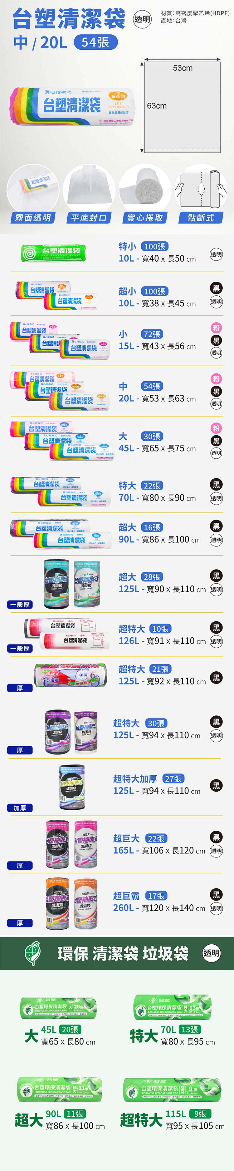 台塑 實心 清潔袋 垃圾袋 (中) (透明) (20L) (53*63cm) 說明圖