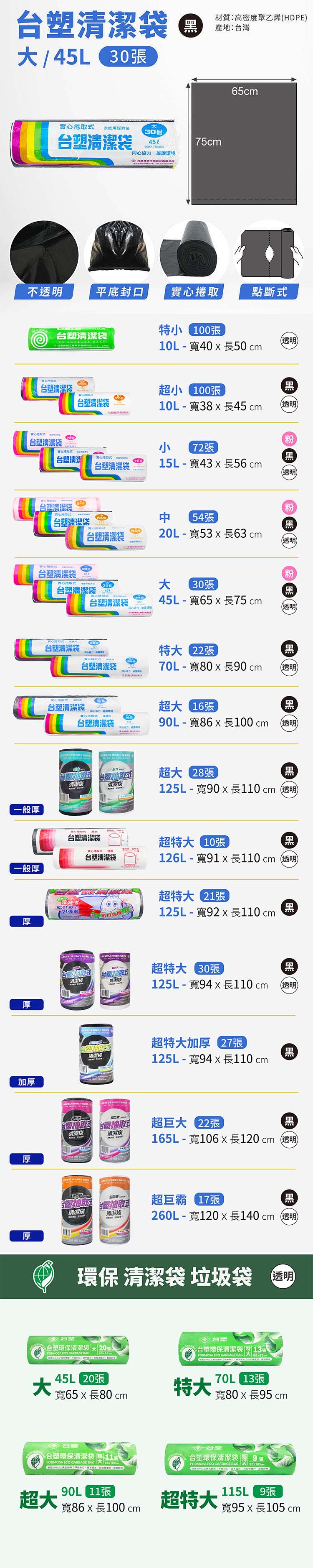 台塑 實心 清潔袋 垃圾袋 (大) (黑色) (45L) (65*75cm) 說明圖