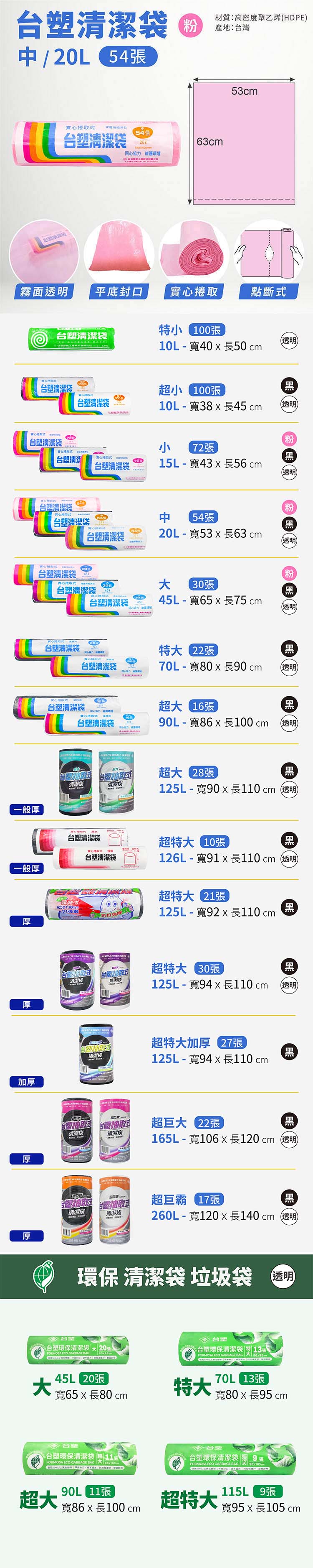 台塑 實心 清潔袋 垃圾袋 (中) (粉紅) (20L) (53*63cm) 說明圖