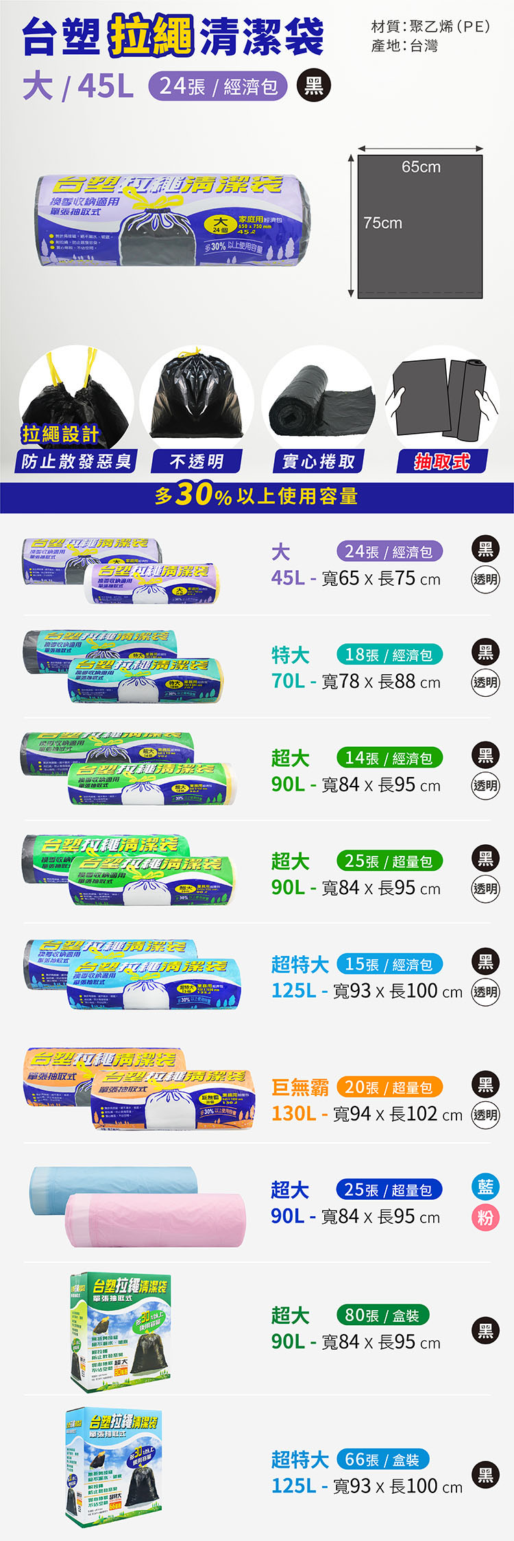 台塑 拉繩 清潔袋 垃圾袋 (大) (黑色) (45L) (65*75cm) 說明圖