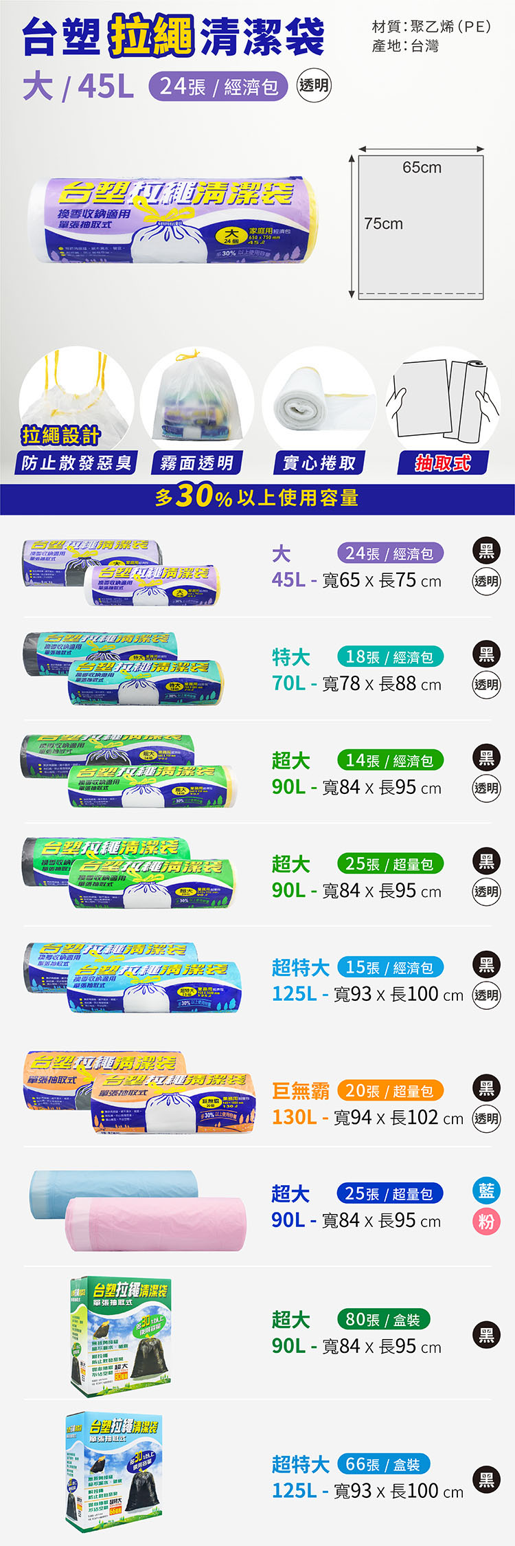 台塑 拉繩 清潔袋 垃圾袋 (大) (透明) (45L) (65*75cm) 說明圖