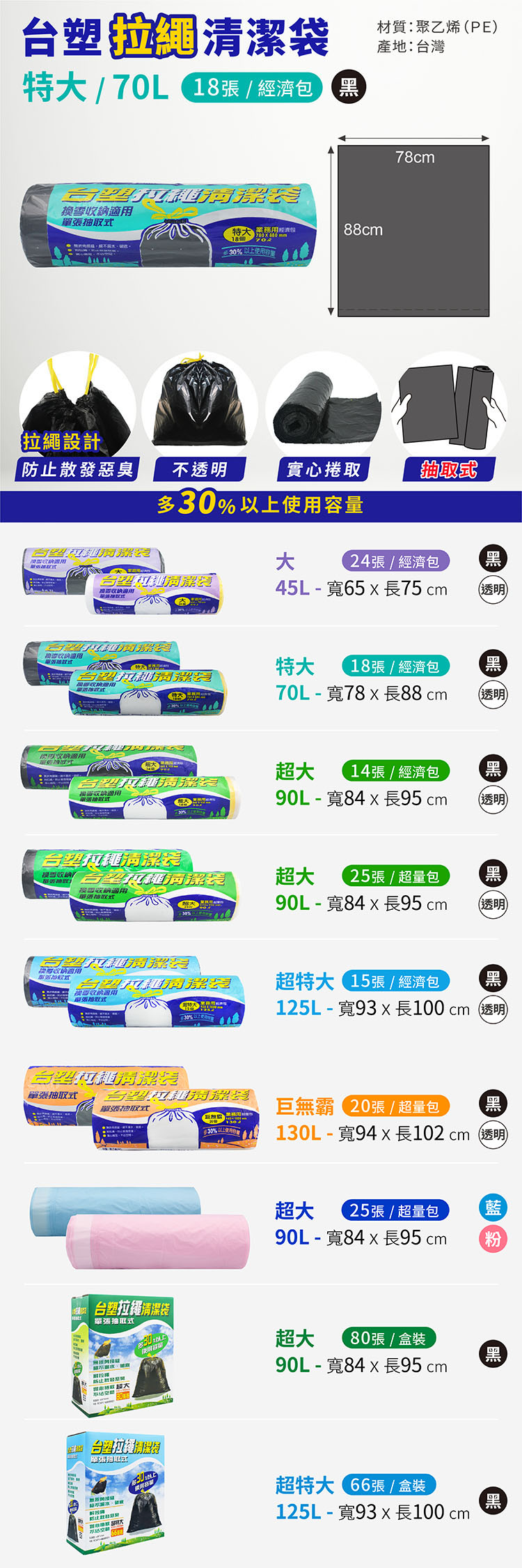 台塑 拉繩 清潔袋 垃圾袋 (特大) (黑色) (70L) (78*88cm) 說明圖