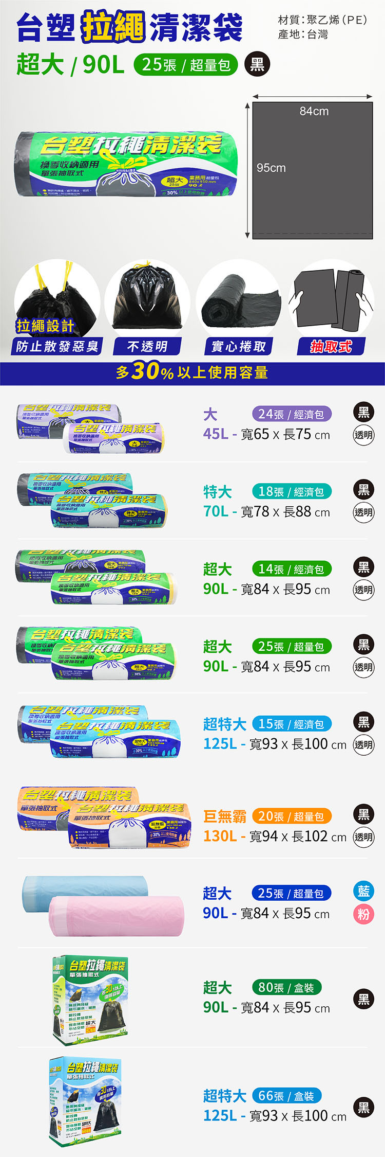 台塑 拉繩 清潔袋 垃圾袋 (超大) (黑色) (超量包) (90L) (84*95cm) 說明圖