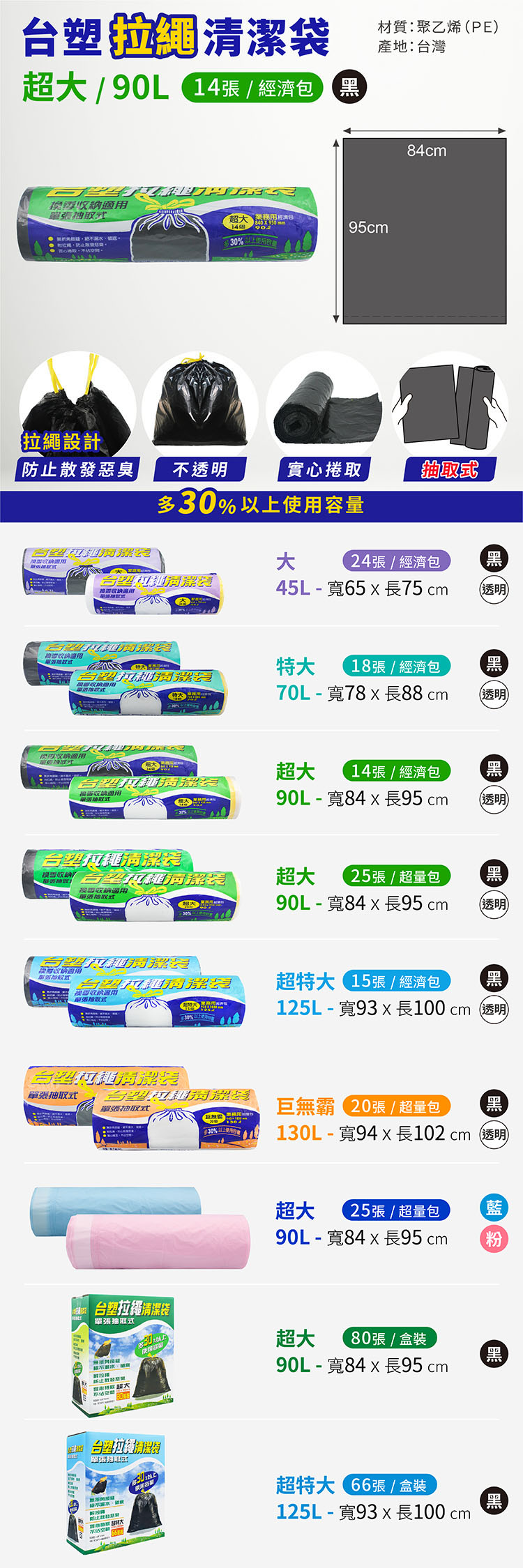 台塑 拉繩 清潔袋 垃圾袋 (超大) (黑色) (經濟包) (90L) (84*95cm) 說明圖