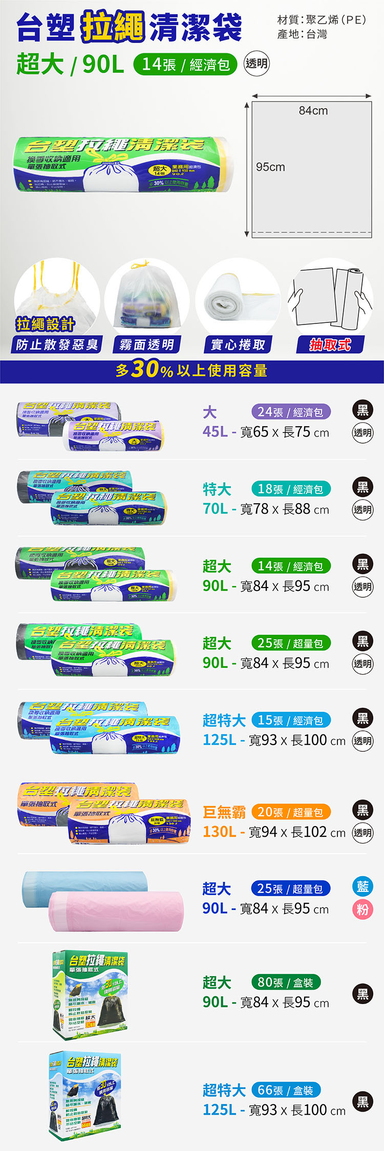 台塑 拉繩 清潔袋 垃圾袋 (超大) (透明) (經濟包) (90L) (84*95cm) 說明圖