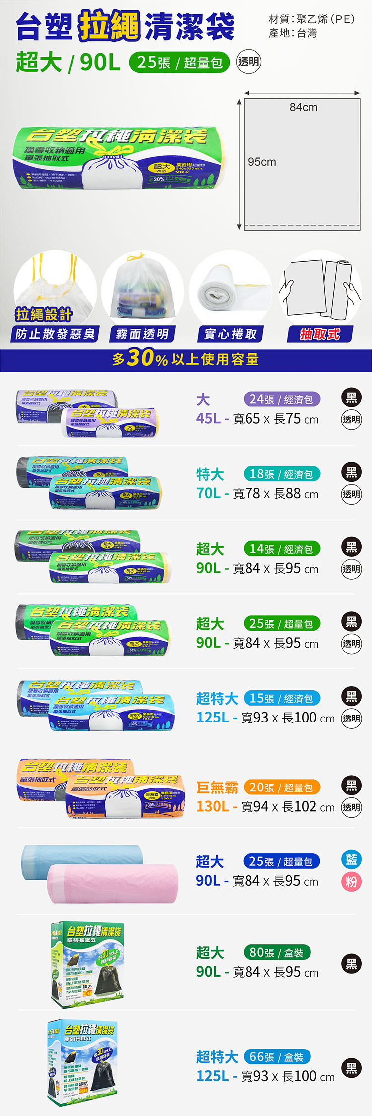 台塑 拉繩 清潔袋 垃圾袋 (超大) (透明) (超量包) (90L) (84*95cm) 說明圖