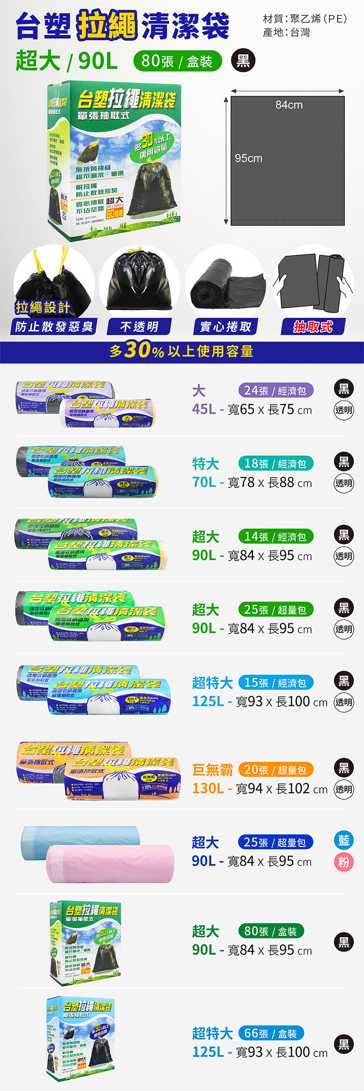 台塑 拉繩 清潔袋 垃圾袋 (超大) (黑色) (90L) (84*95cm) (80張/盒) 說明圖