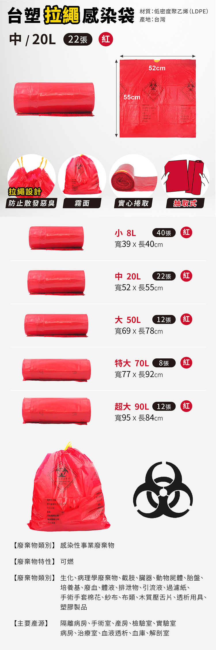 台塑 拉繩感染袋 清潔袋 垃圾袋 (中) (紅色) (20L) (52*55cm) (22張/捲) 說明圖