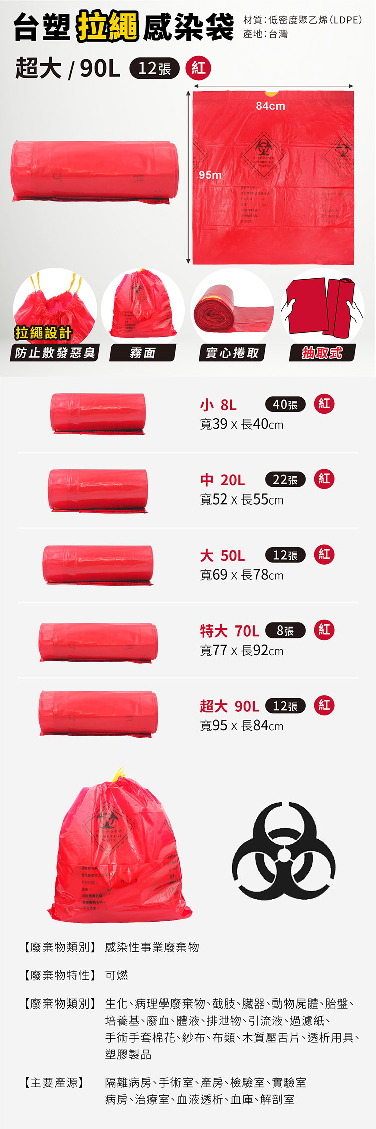 台塑 拉繩感染袋 清潔袋 垃圾袋 (超大) (紅色) (90L) (84*95cm) (12張/捲) 說明圖